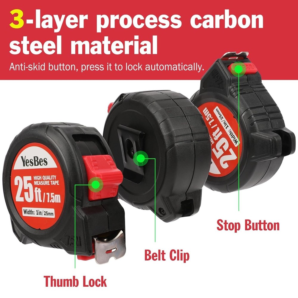 Measuring Tape 25 ft Bulk Pack Easy Read Retractable Self-Lock 5 Pack