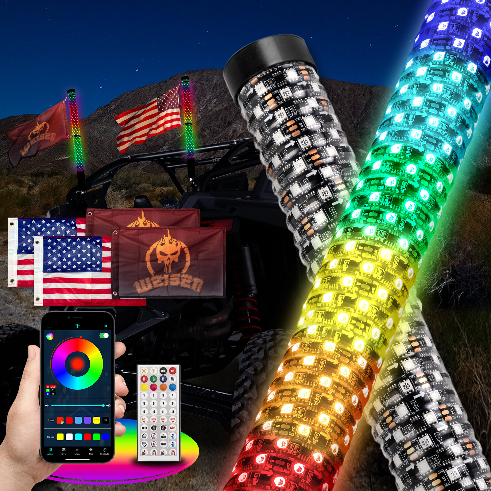 3FT Thick LED Whip Spiral Chasing RGB Fat Whip Lights For Can Am Polaris RZR UTV
