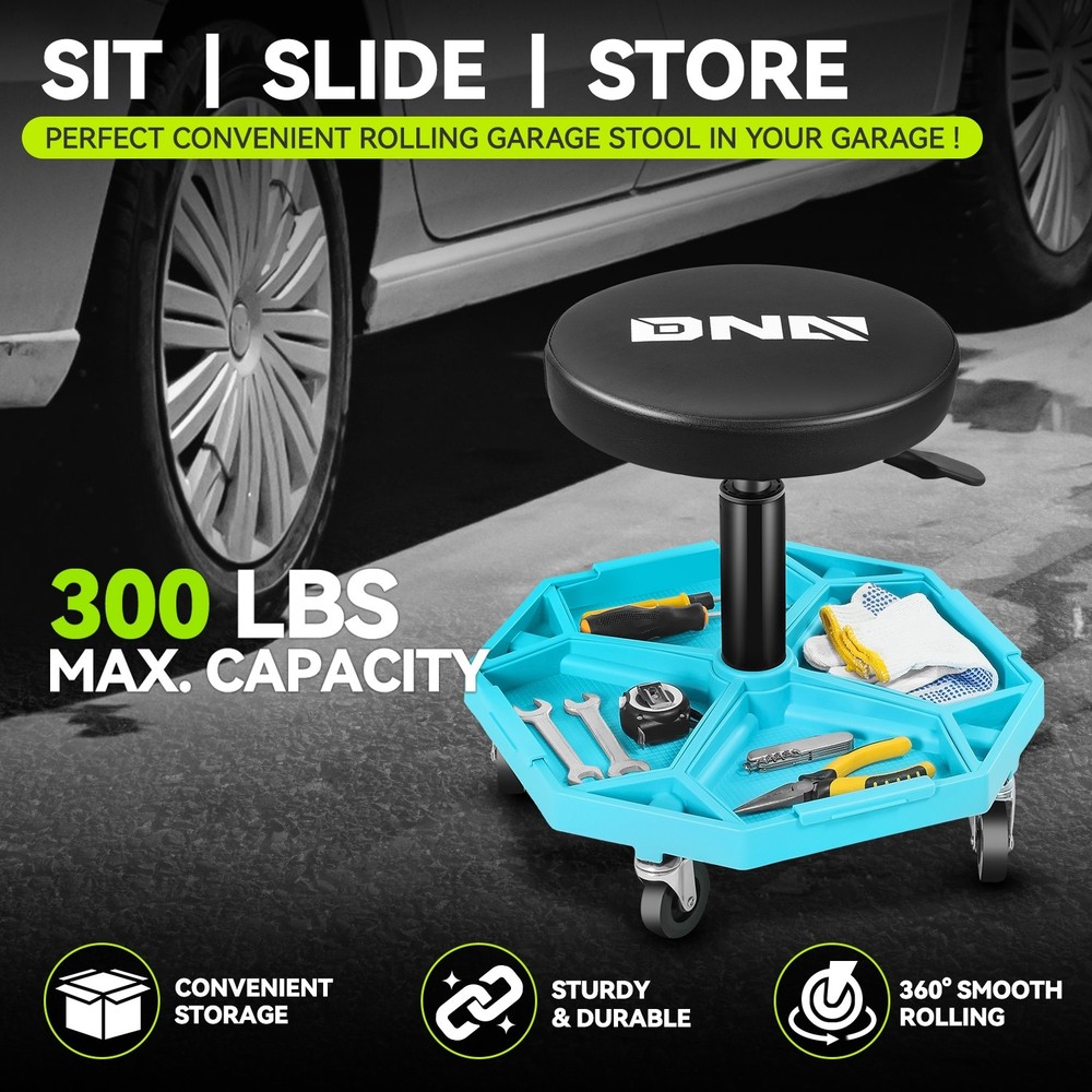 Blue Mechanic Pneumatic Adjustable Rooling Tool Seat Garage Workshop Stool Chair