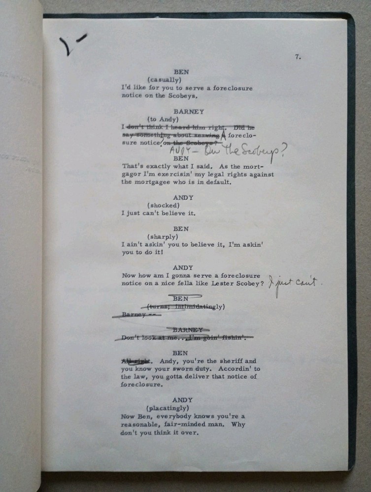 Original ANDY GRIFFITH SHOW TV SCRIPT 'Andy Forecloses' + Handwritten Notes