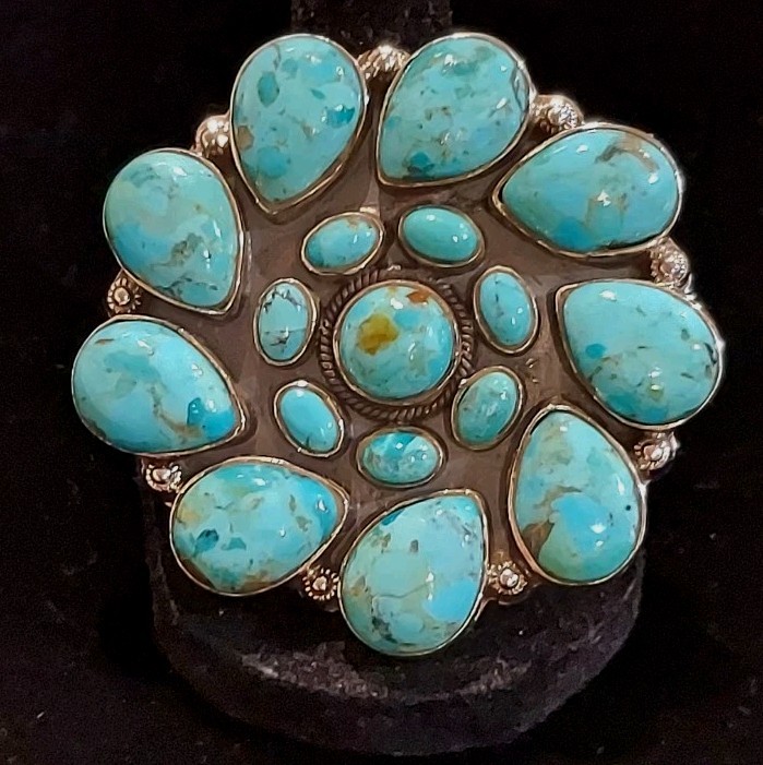 New HUGE Sterling Silver & Mojave Turquoise Round Cluster Adjustable Ring