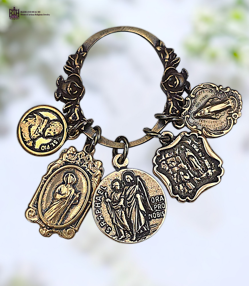 Healing Saints Jude,Lourdes,Raphael,Pio Pocket Prayer Ring -Medals Bronze