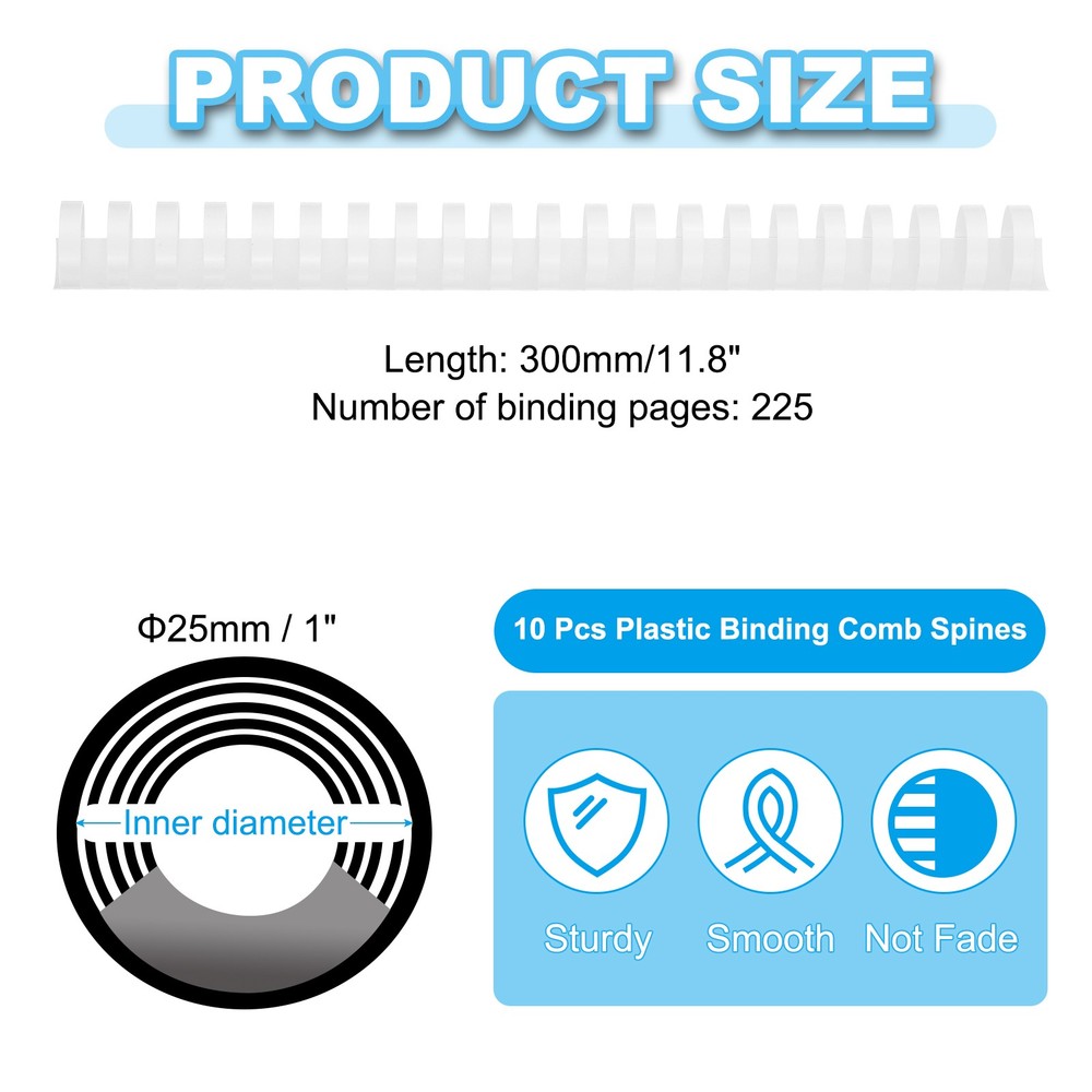 10Pack 25mm (1") Plastic Binding Combs 225 Sheet Capacity 21 Rings White
