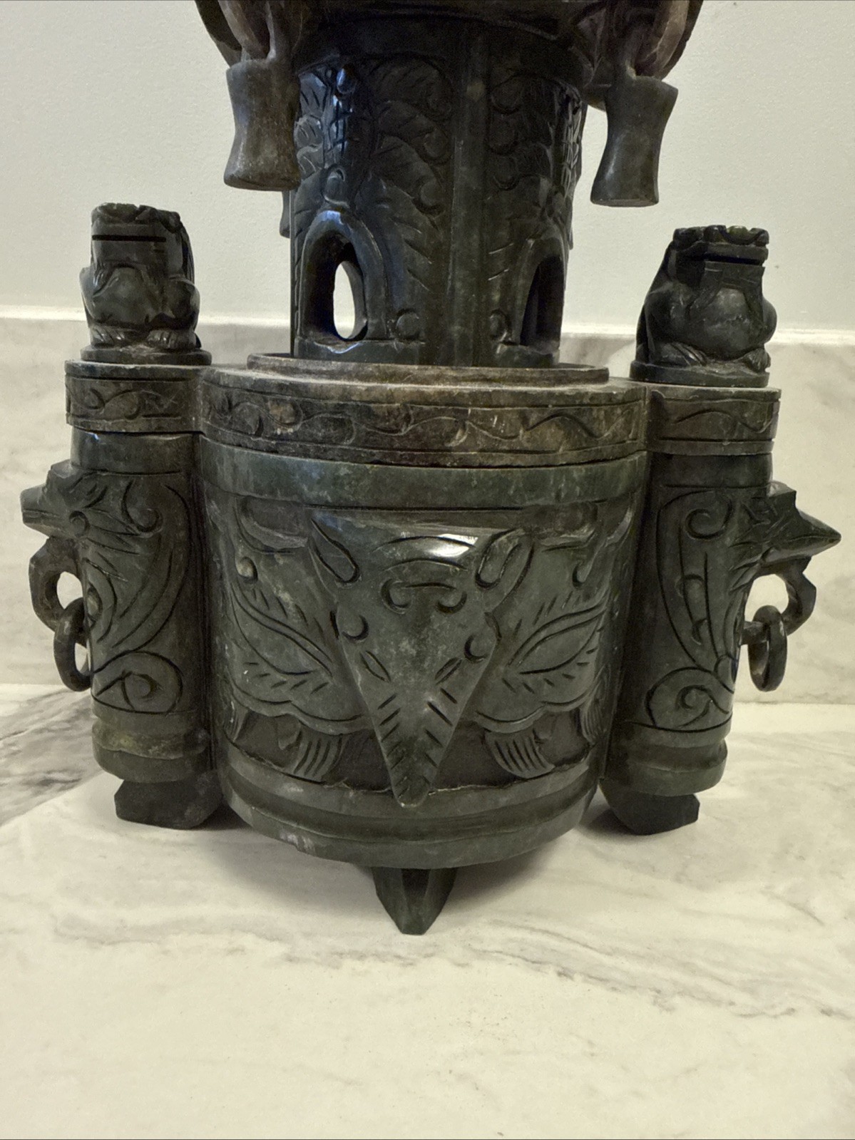 Large Vintage Chinese Deep Green Nephrite Jade Incense Burner 14”