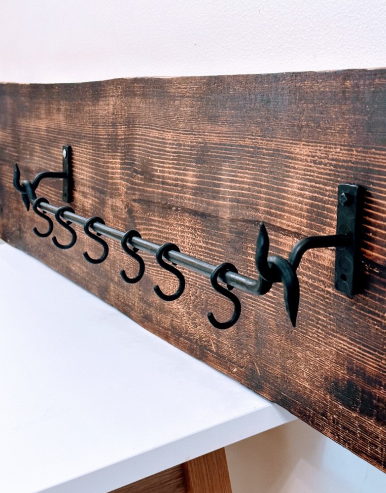 Handmade Wrought Iron Pot & Pan Wall Rack – Rustic Kitchen Organizer with Hooks
