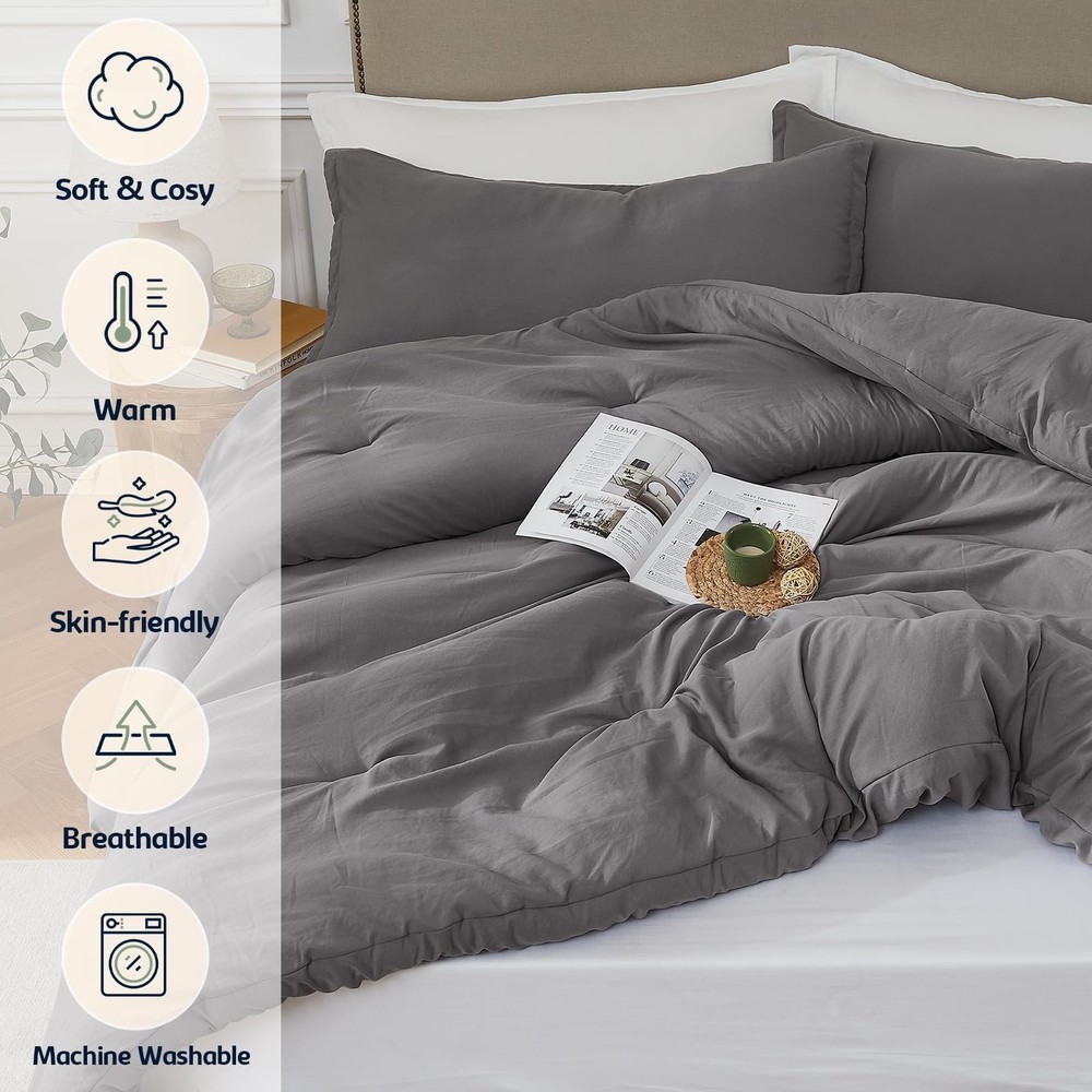Queen Size Comforter Set, 3Pcs Breathable Bedding, Grey
