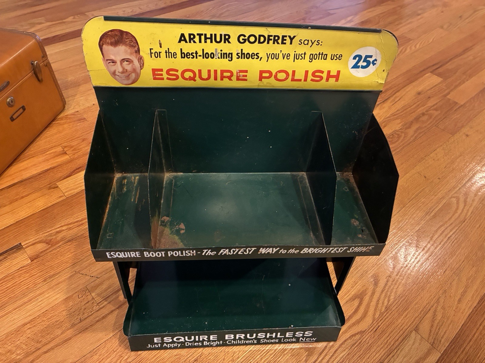 VINTAGE Esquire Brushless Shoe Polish Arthur Godfrey Store Counter Metal Display
