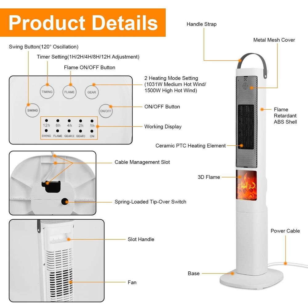 1500W Ceramic Tower Heater with 3D Flame & Remote Control