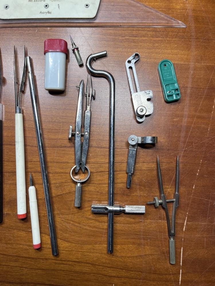 Vintage Drafting Tools Lot K+E Leroy + Tacril Protractor Set Square + Compasses