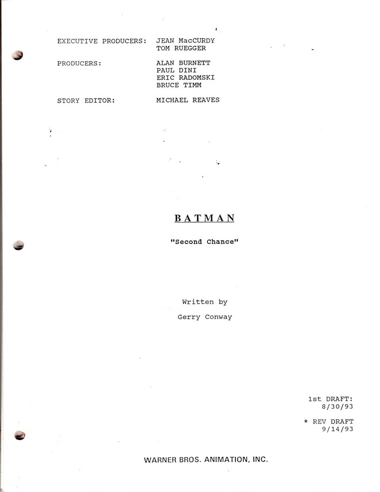 Warner Brothers Batman Original Recording Script "Second Chance" 9/14/1993