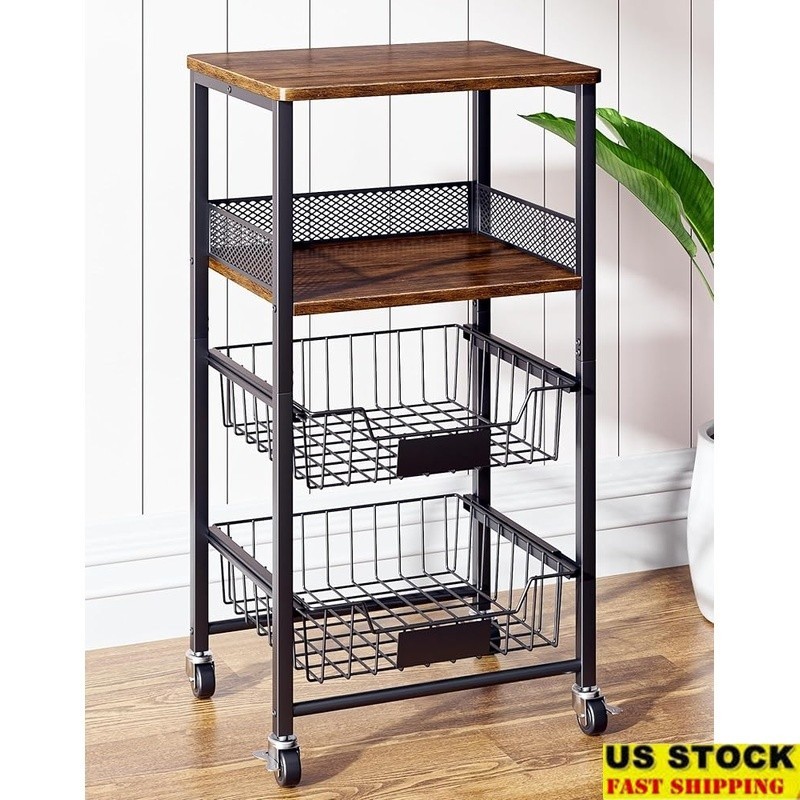 Rolling Kitchen Cart W/ Pull-Out Baskets Snack Organizer Fruit Storage New