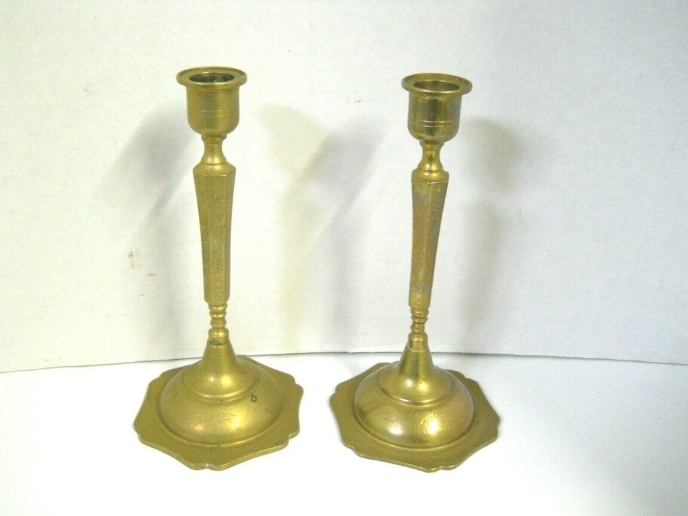 2 Brass Chinese Dragon Etched Candle Stick Holder Collectible Home Decor 7 1/2"