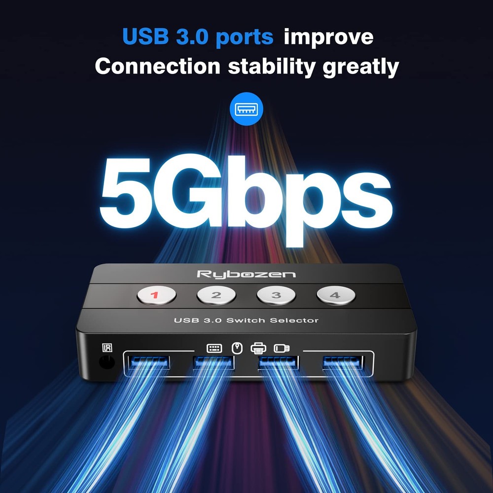 USB 3.0 Switch Selector, 4 Port KVM Switch USB Peripheral Switcher Box, 4 Comput