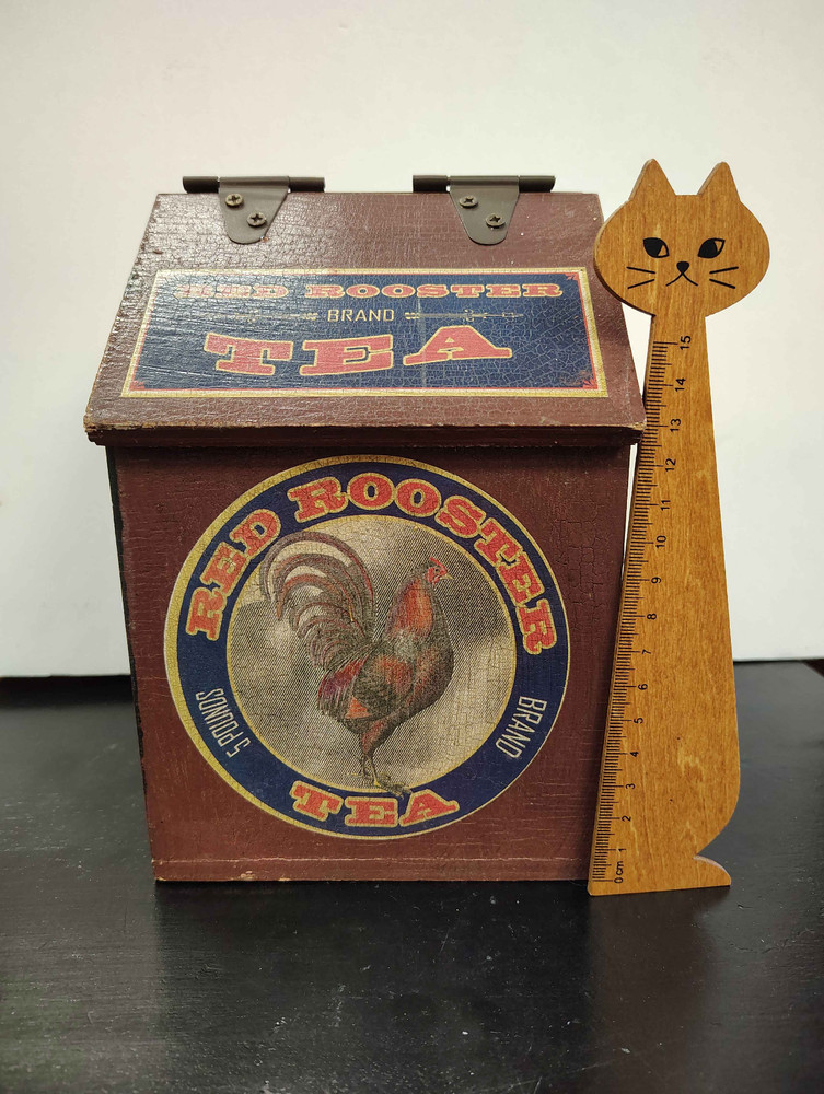 Wooden "Red Rooster Tea" Rustic Storage Box