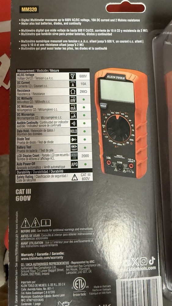 Klein Tools MM320 Electrical Test Kit Digital Display Data Hold Auto Power-Off