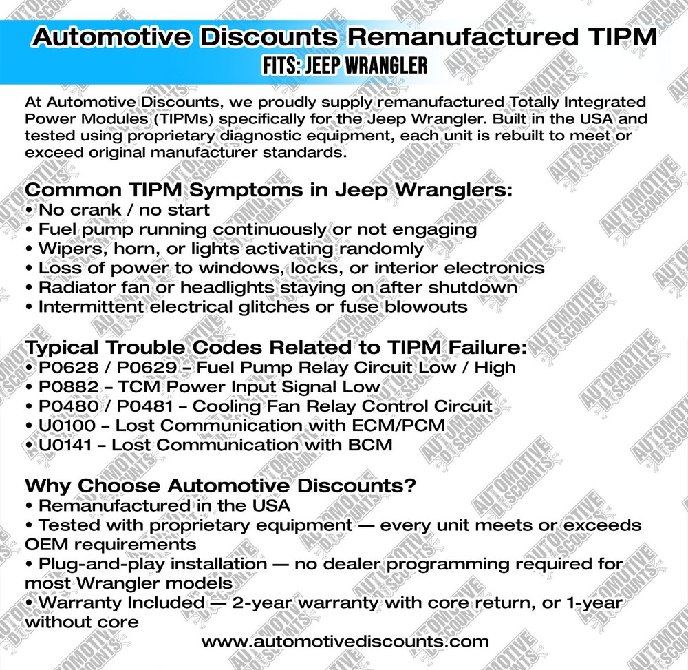 2018 Jeep Wrangler Rebuilt OEM TIPM 68303924 PLUG & PLAY PROGRAMMING