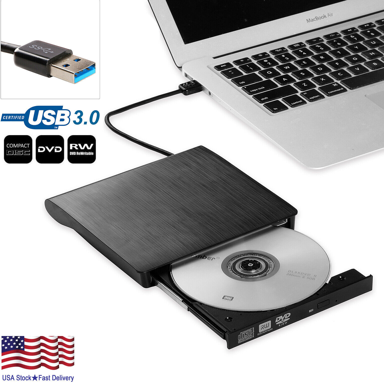 Slim External CD/DVD Drive USB 3.0 Player Burner Reader for Laptop PC Mac HP US