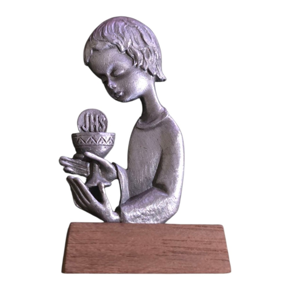 Catholic First Holy Communion Child Pewter Statue JHS Statuette on Wooden Base