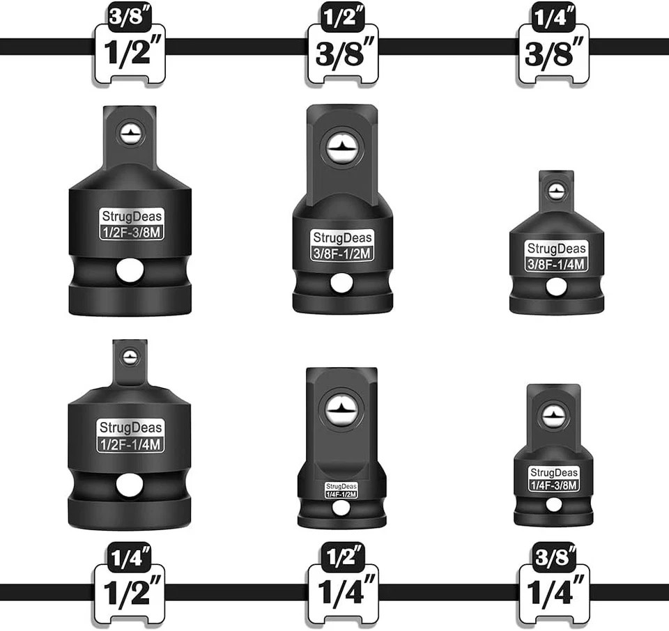 6 Pcs Impact Socket Adapter and Reducer Set, 1/4", 3/8", 1/2" Ratchet/Socket....