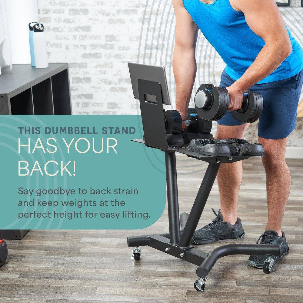 Adjustable Dumbbell Stand with Wheels & Tablet Holder SpaceSaving Rack