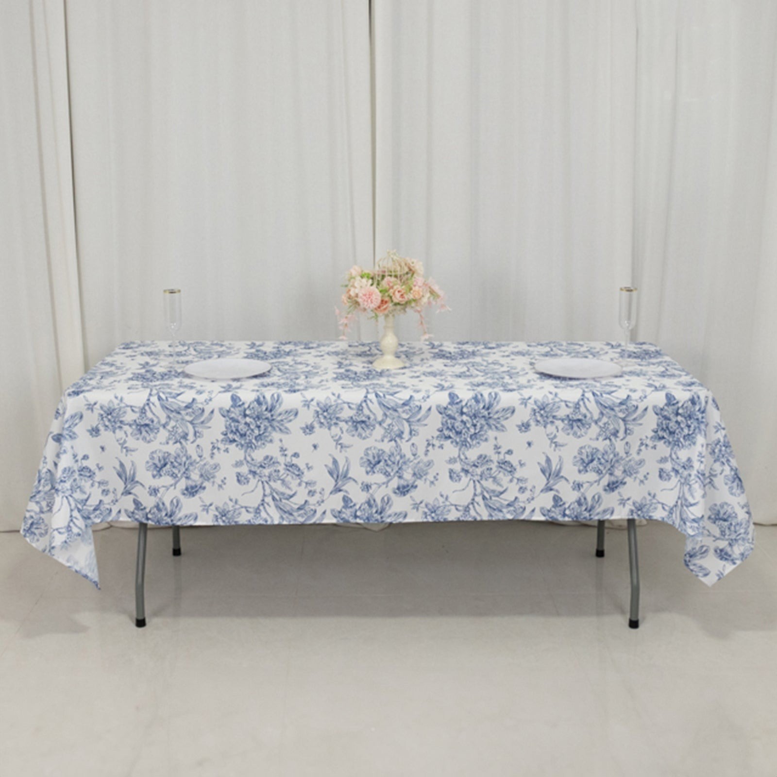 60" x 102" Blue French Toile Pattern Polyester Rectangular Tablecloth