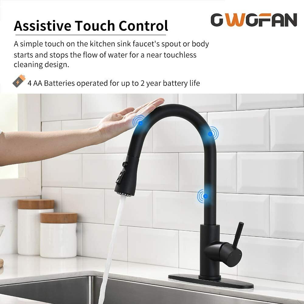 Matte Black Sensor Touch Kitchen Sink Faucet Pull Down Sprayer Swivel with Cover