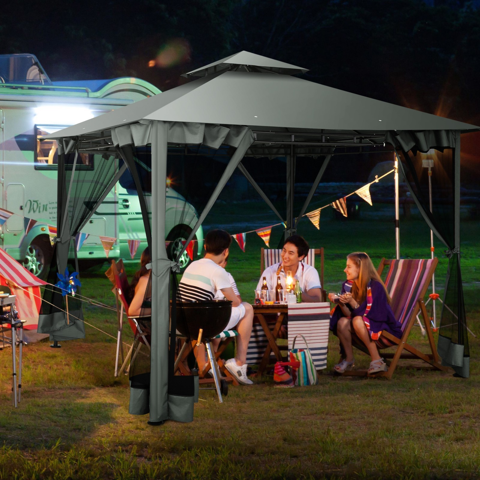 10x10 Patio Gazebo with Mosquito Netting Heavy Duty BBQ Canopy Tent Double Roof