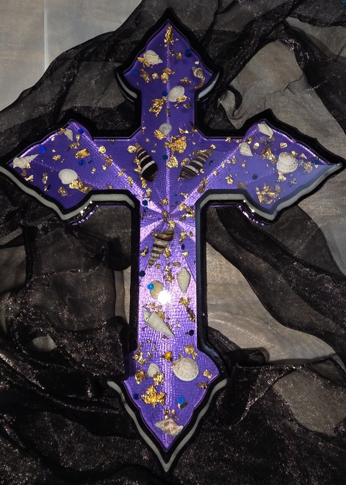 Handmade Cross Wall Decor 9x6+ GITD Goldflake & Seashells Authentic Gift W/Drape