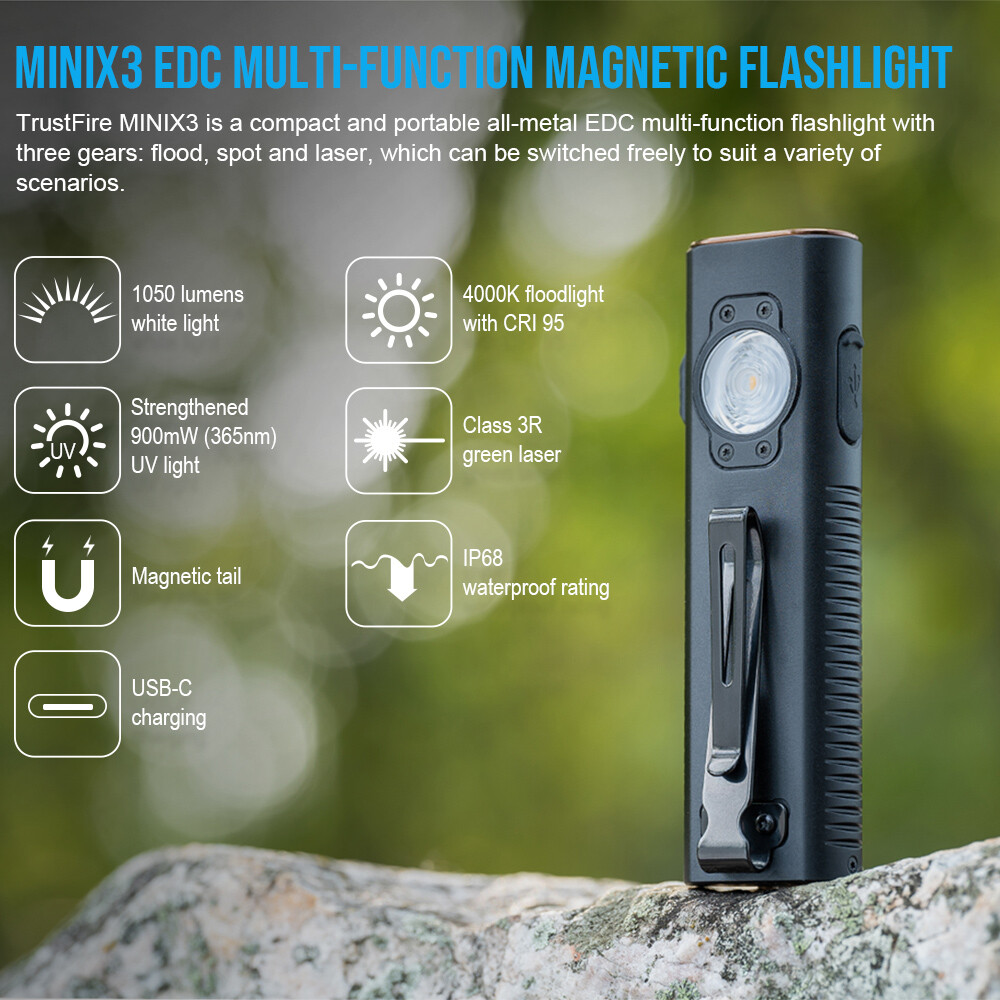 Trustfire MINI X3 EDC Flashlight , White , Floodlight , Infrared , Green Pointer