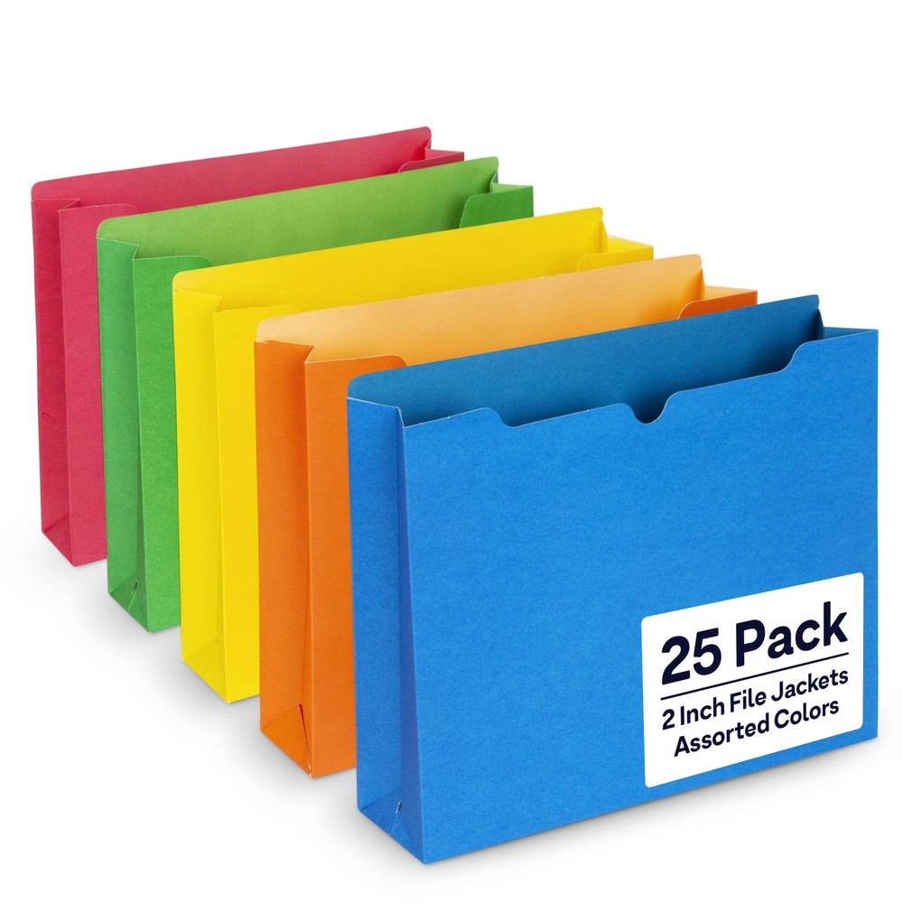 2 Inch File Jackets (25 Pack)- Assorted Colors Expandable File Folders - Stra...