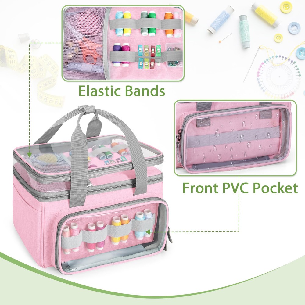 Pink Double-Layer Sewing Storage Organizer Bag Transparent Compartment Divider