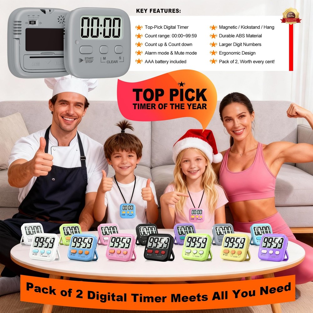 2 Pack Digital Timer for Kids, Magnetic Countdown Kitchen Timers for Cooking,...
