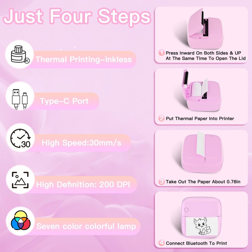 Lebt Mini Printer Sticker Print Pod with 6 Rolls MiNi, Pink