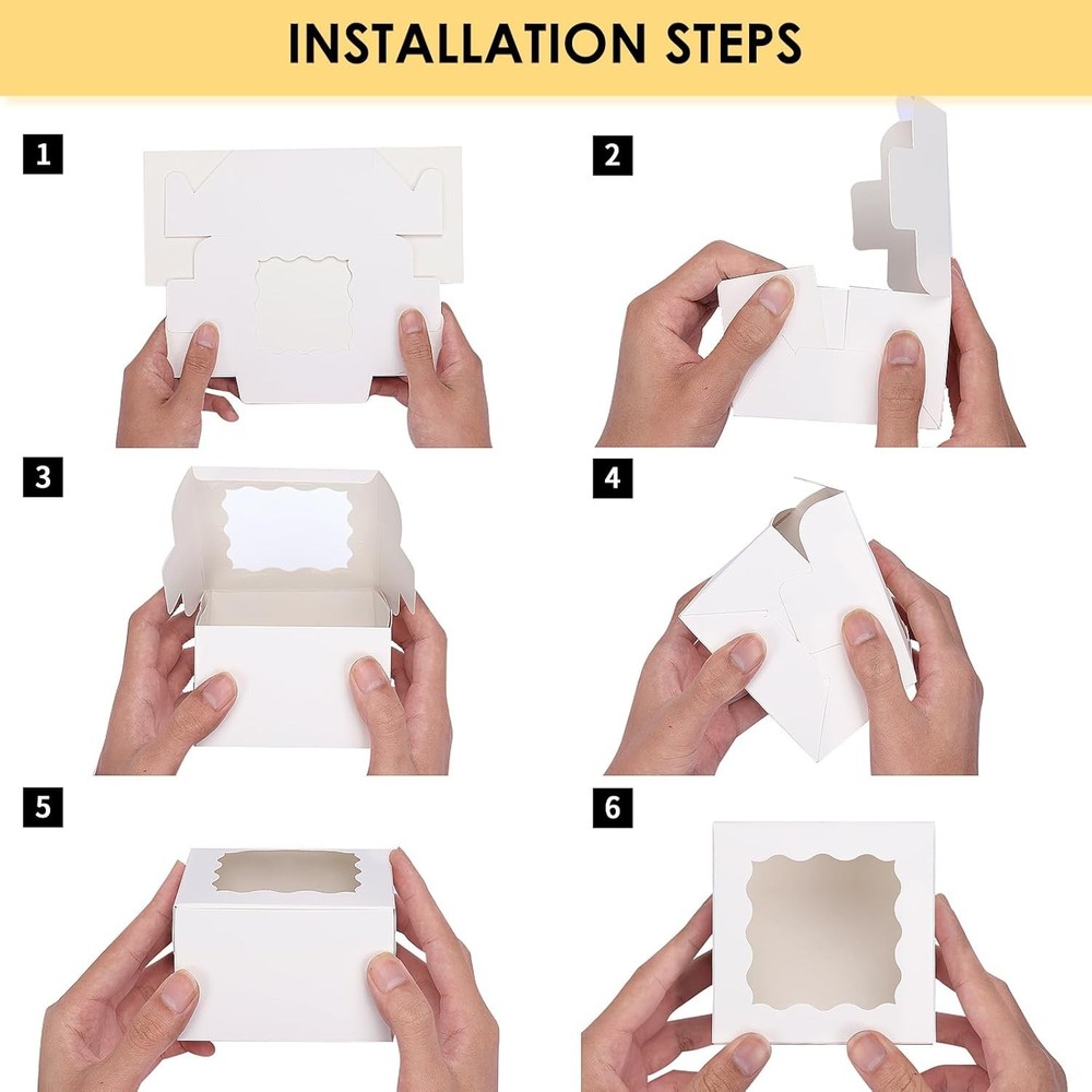 50pcs White Cookie Boxes with Window – 4x4x2.5” Elegant Bakery Gift Packaging