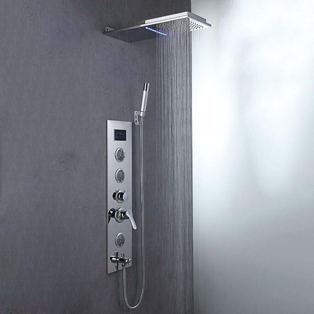 Black/Chrome LED Rectangle Shower Head Massage Digital Display Mixer Valve Panel