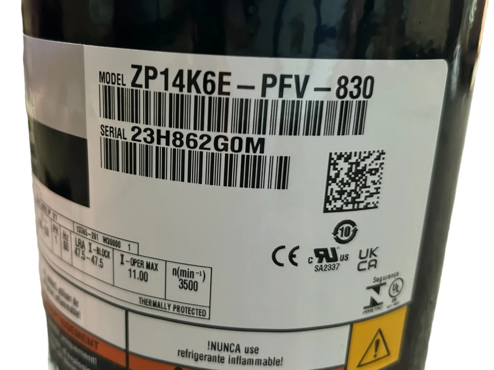 Copeland, Scroll, Compressor, ZP14K6E-PFV-830, 14700-20200 BTU, 1PH