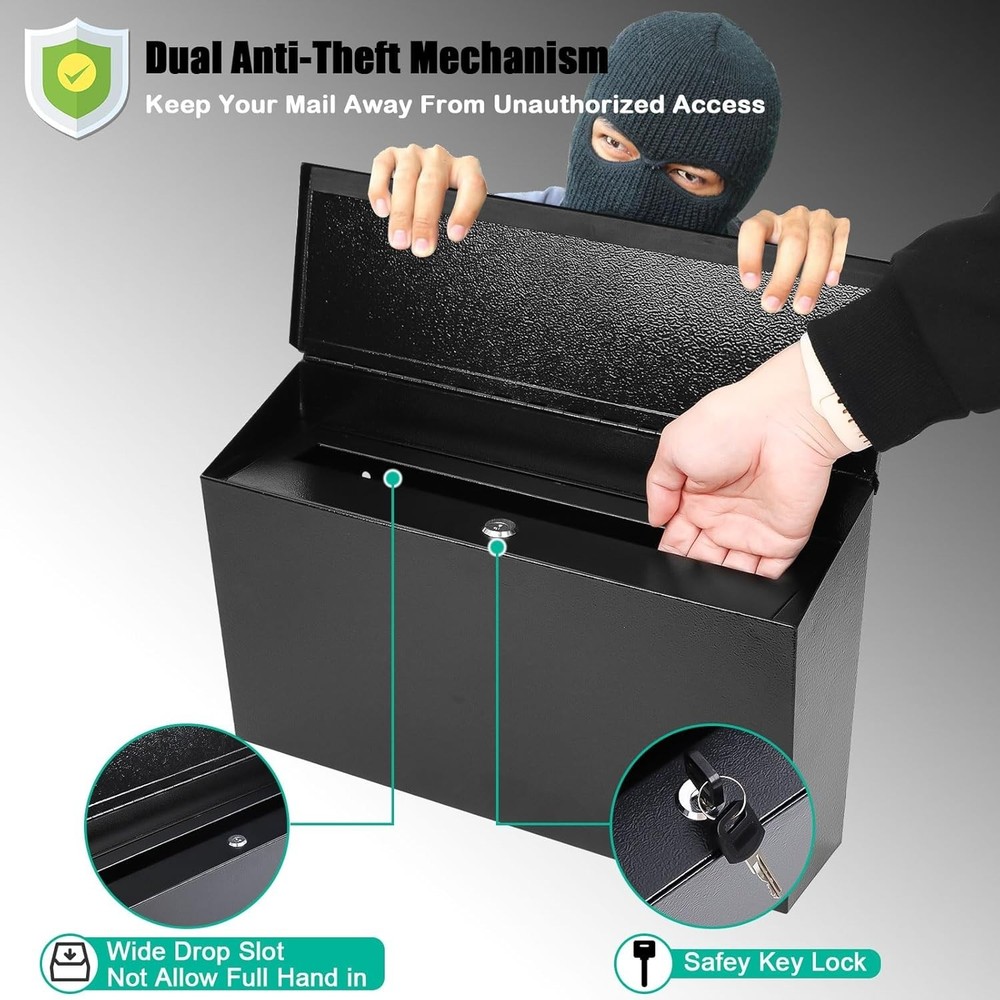 Locking Wall-Mount Mailbox Large Capacity Steel Post Box with Keys Black
