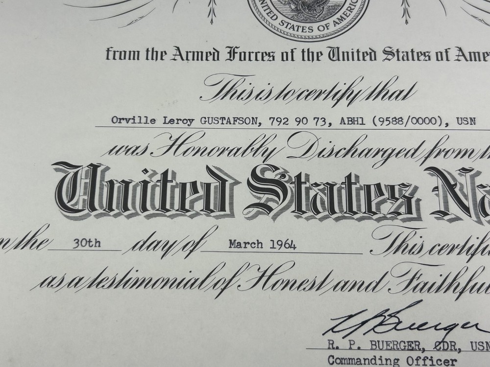 1964 US Navy Honorable Discharge Certificate