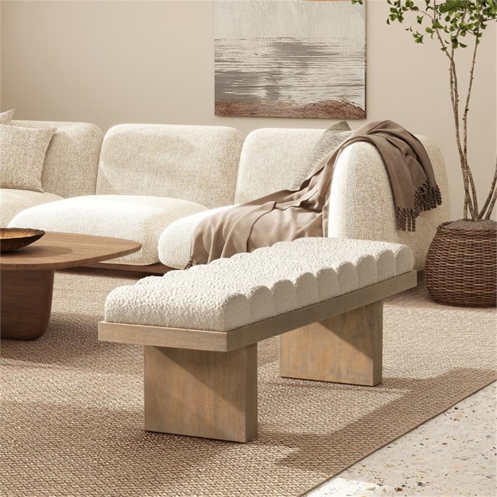 Bella 52" Upholstered Modern Accent Bench Ivory White Boucle