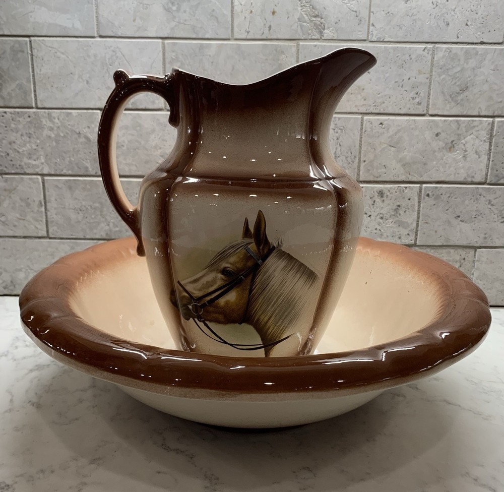 Vintage Bowl And Pitcher With Horses On It