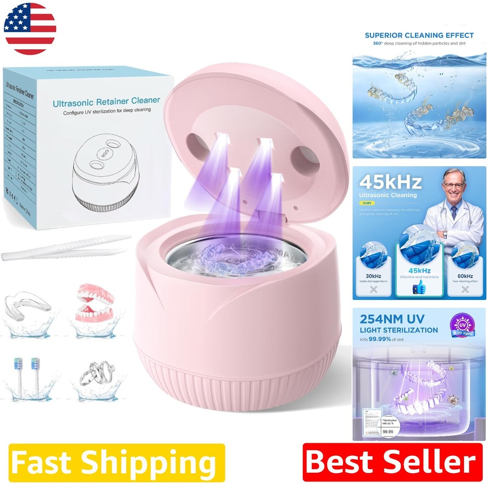 Pink Ultrasonic Retainer Cleaner 45kHz Deep Clean Digital Timer 200ML