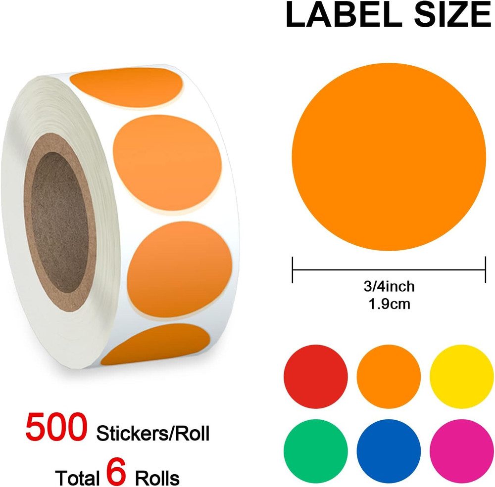 3/4" Round Color Coding Circle Dot Blank Labels 6 Rolls 500 Labels/Roll 3000 PCS
