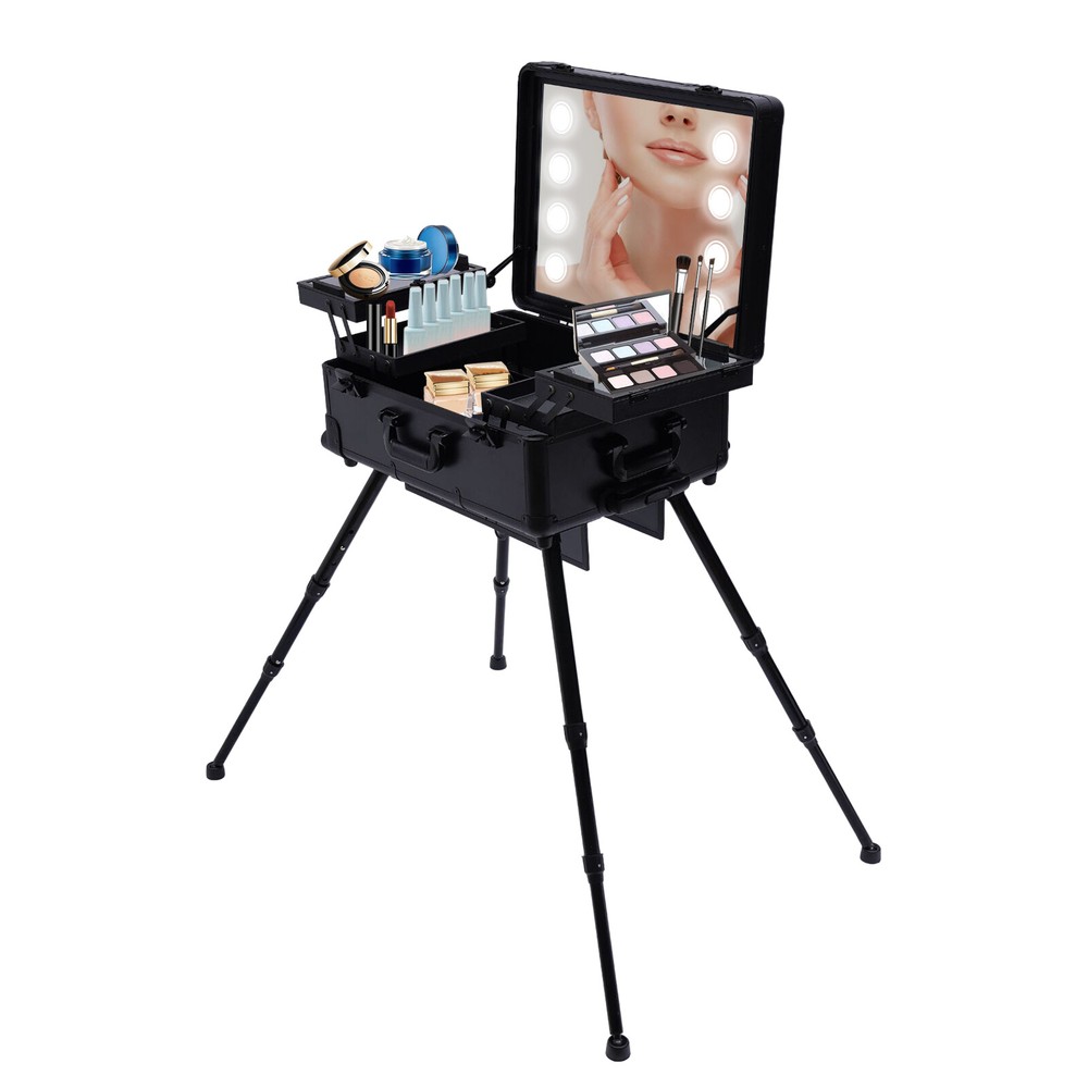 Rolling Makeup Train Case Cosmetic Box Trolley Organizer with LED LIght & Mirror