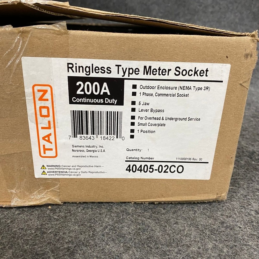 TALON 40405-02CO 200 Amp Ringless Meter Socket, 1 Phase, 5 Jaw *