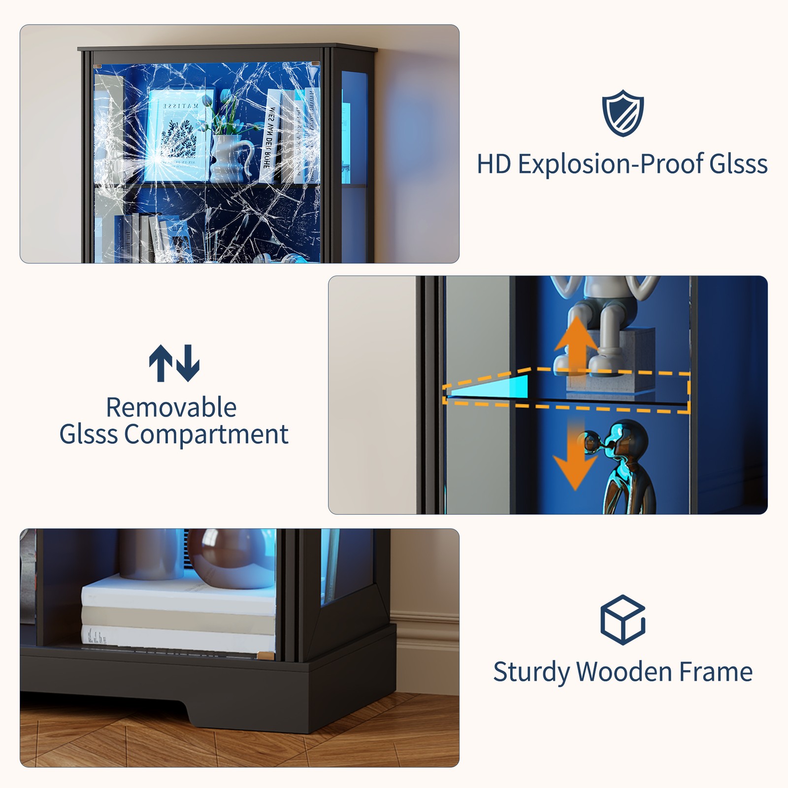 Display Cabinet with Doors, Curio Cabinet with LED Lights and Adjustable Shelves