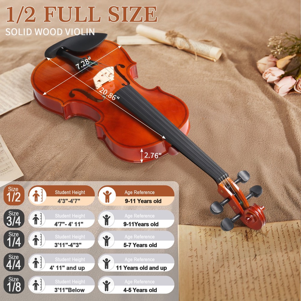 1/2 Size Maple Solid Wood Violin Fiddle Set with Case Bow Rosin Strings Tuner