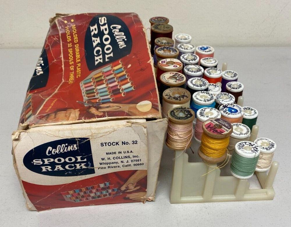 Vintage COLLINS SPOOL RACK HOLDS 32 SPOOLS OF THREAD/ WITH THREAD SPOOLS