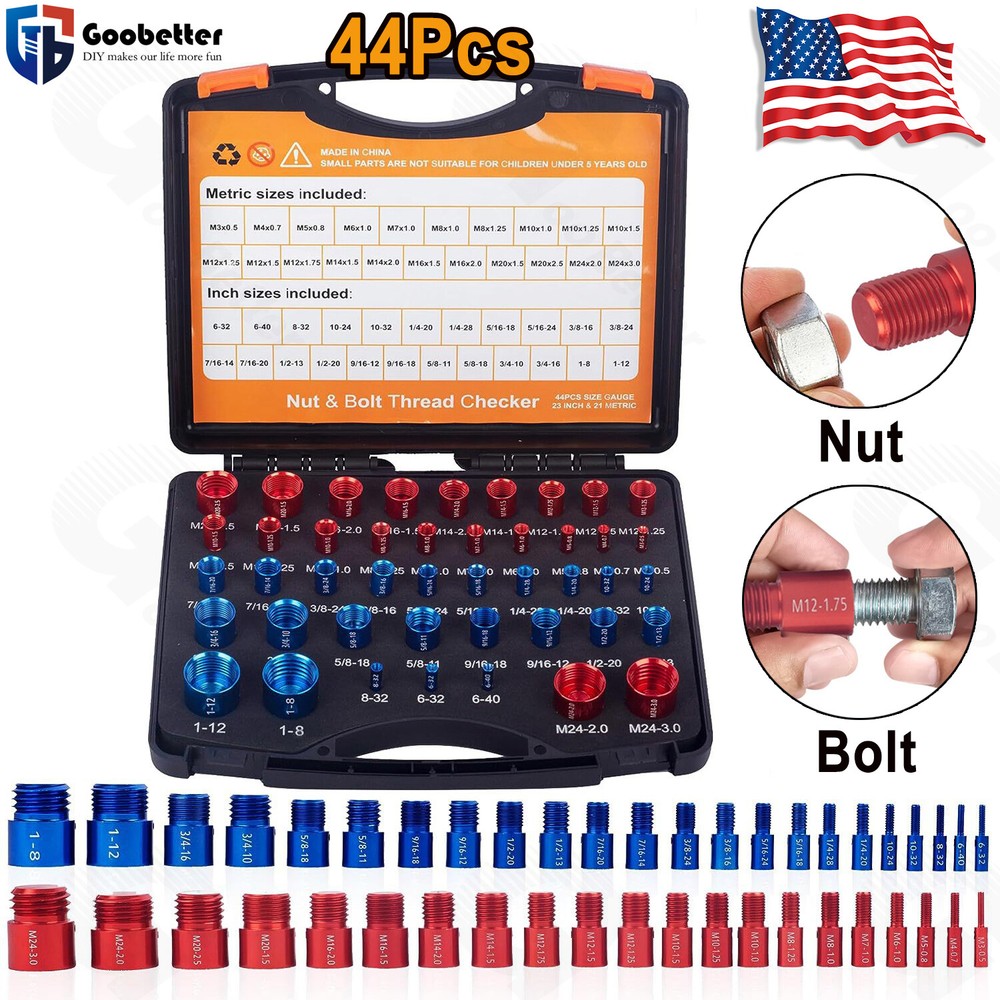 44pcs Nut & Bolt Thread Checker Identifier Thread Gauges 23 Inch + 21 Metric Set