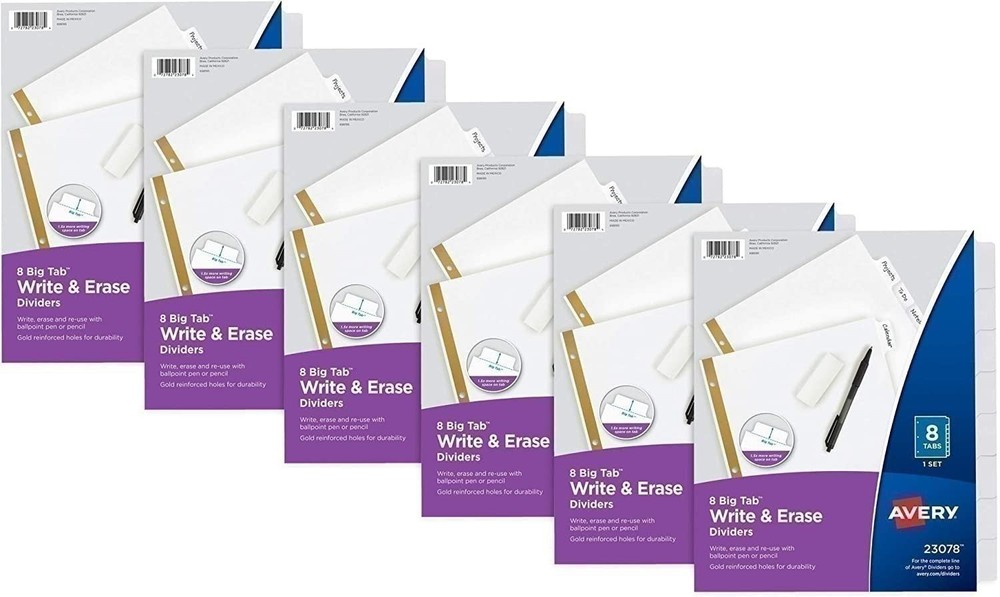 Avery 8-Tab Binder Dividers, Write & Erase White Big Tabs  6 Sets