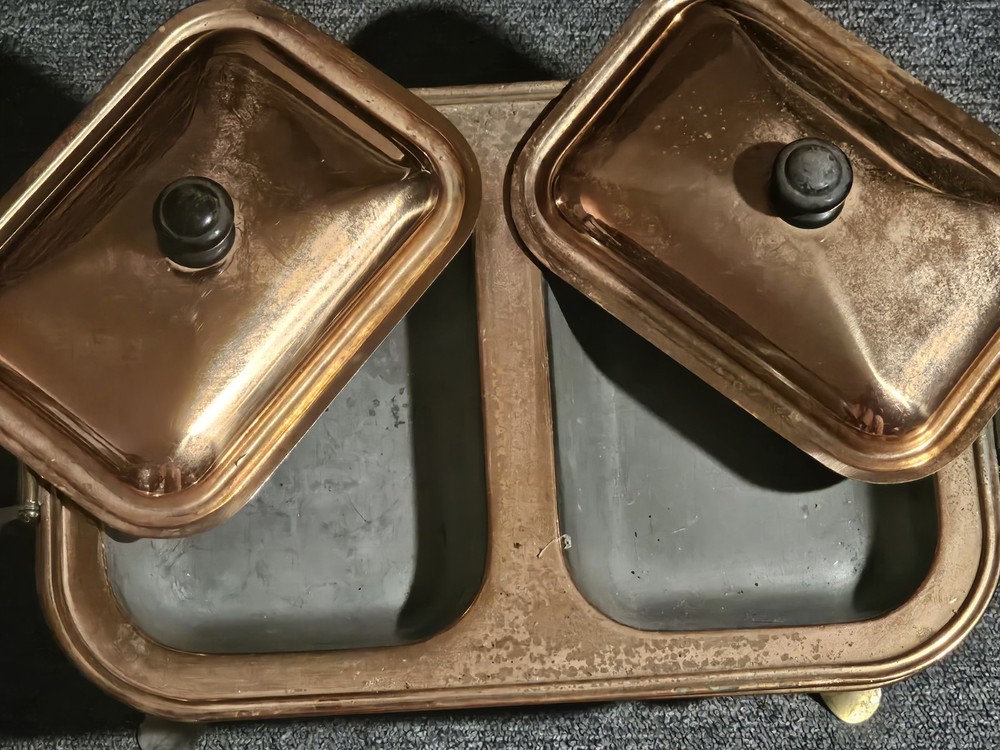 Vintage Copper & Brass Double Chafing Dish Server Brass Stand